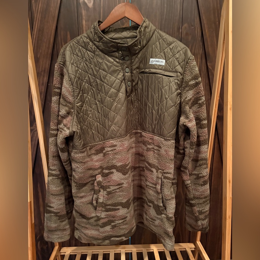 Magellan Outdoors Sherpa Fleece Quilted Snap Pullover – Olive Green – Men’s XL